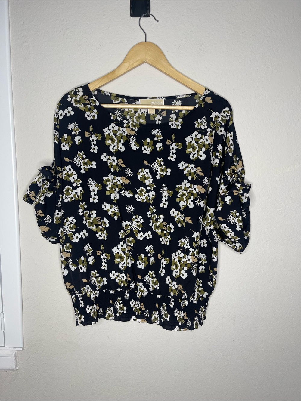 Michael Kors Floral Tie-Sleeve Blouse in Black
